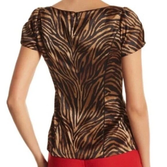 White House Black Market Brown Animal Print Silk Cap Sleeve Top - Picture 4 of 6